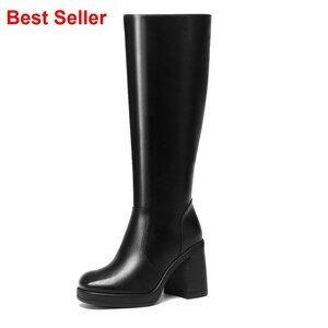 Knee High Platform Boots Chunky Heel Square Toe Side Zipper Women's Shoes